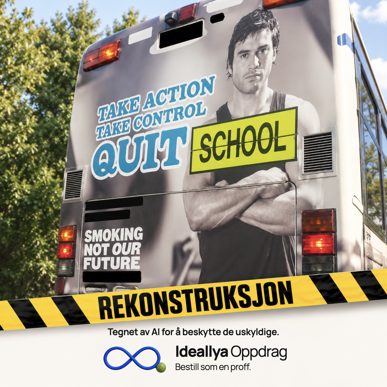 AI-rekonstruksjon: Ordet QUIT står rett ved SCHOOL på bussens bakside.