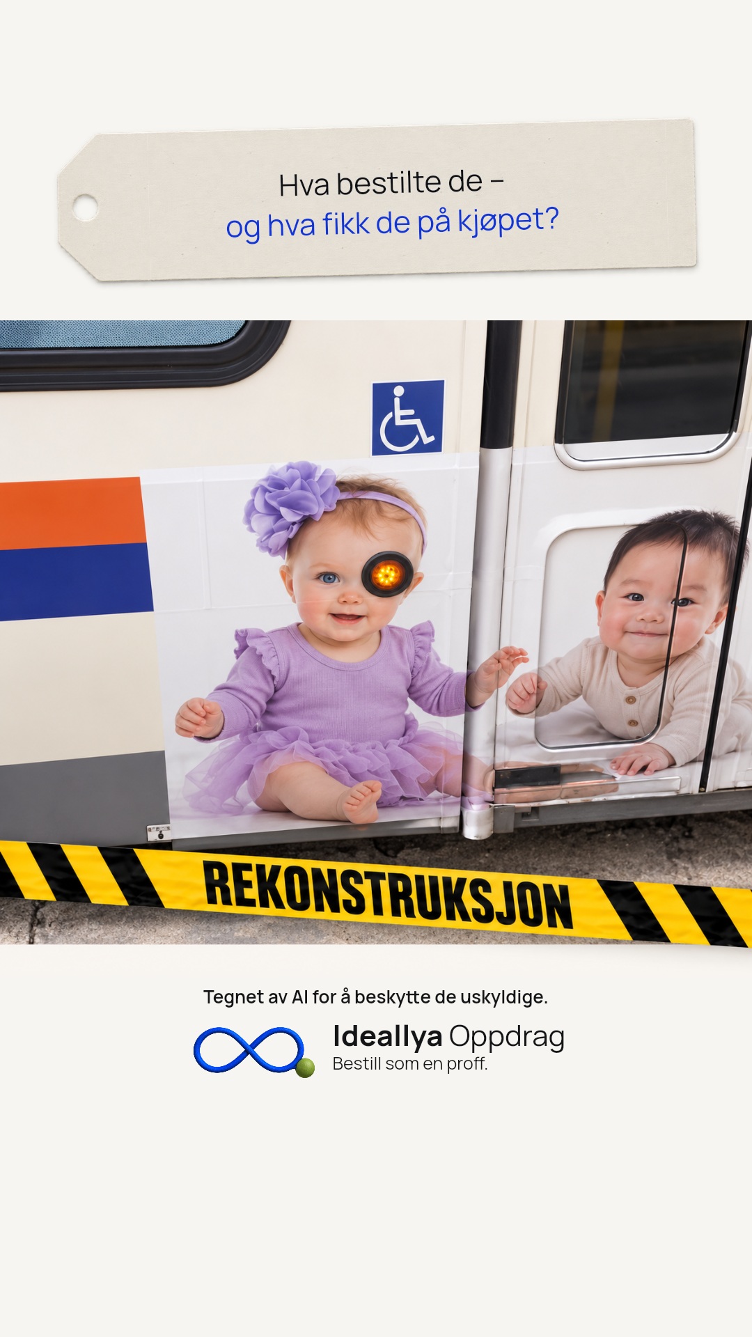 Delingsbilde med spørsmålslapp. Et rødt baklys treffer øyet i et stort babyportrett på bussen.