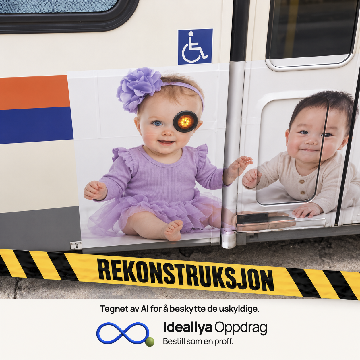 AI-rekonstruksjon: Et rødt baklys treffer øyet i et stort babyportrett på bussen.