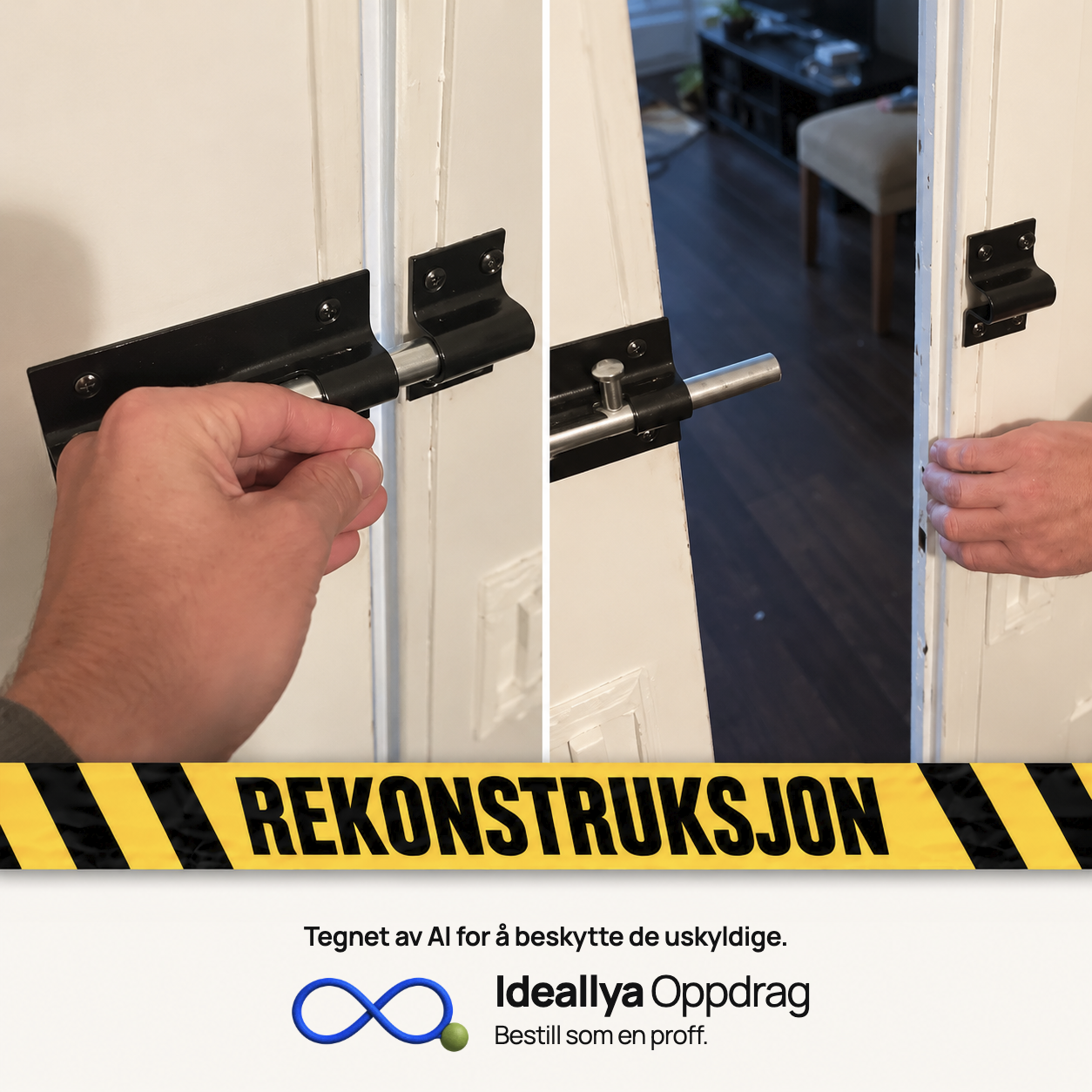 AI-rekonstruksjon: Animasjonen viser en skyvelås og bevegelse i døren.
