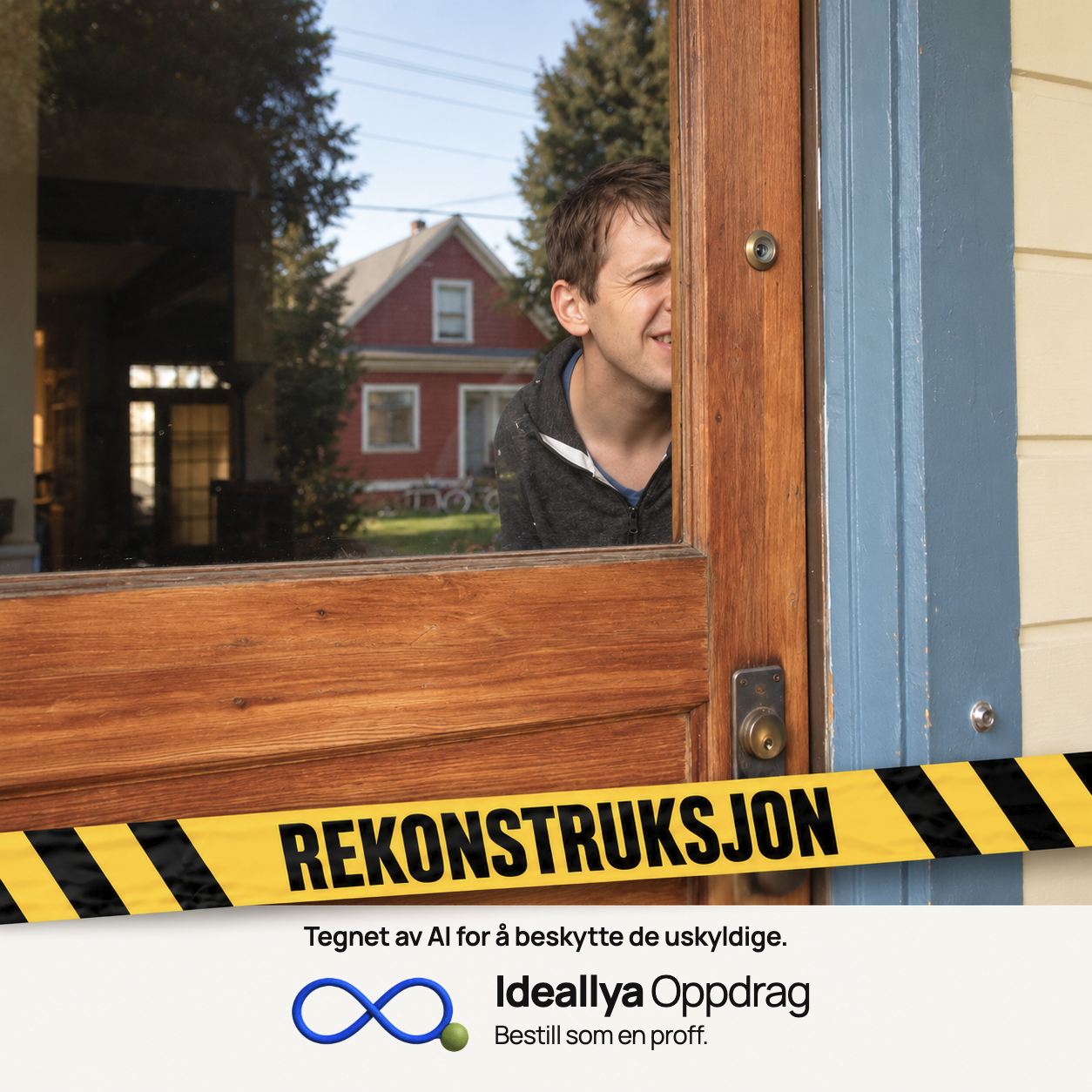 AI-rekonstruksjon: Et kikkhull sitter i en dør med store, gjennomsiktige glassfelt.