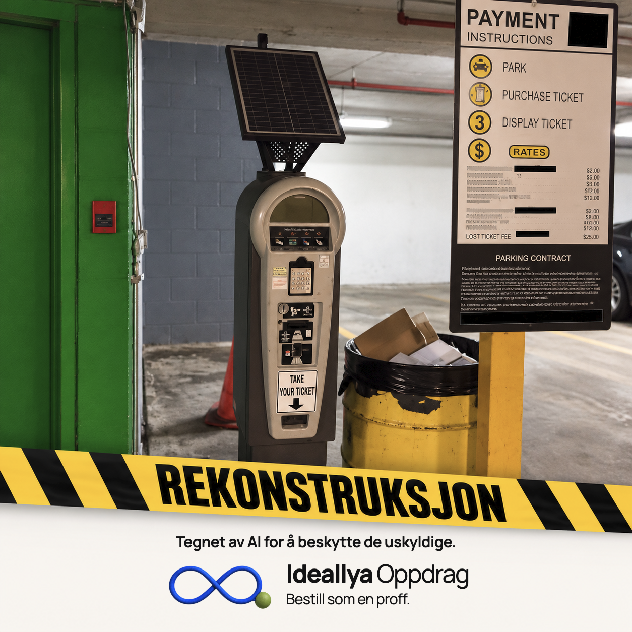AI-rekonstruksjon: En parkeringsautomat med et solcellepanel står i et overdekket område.