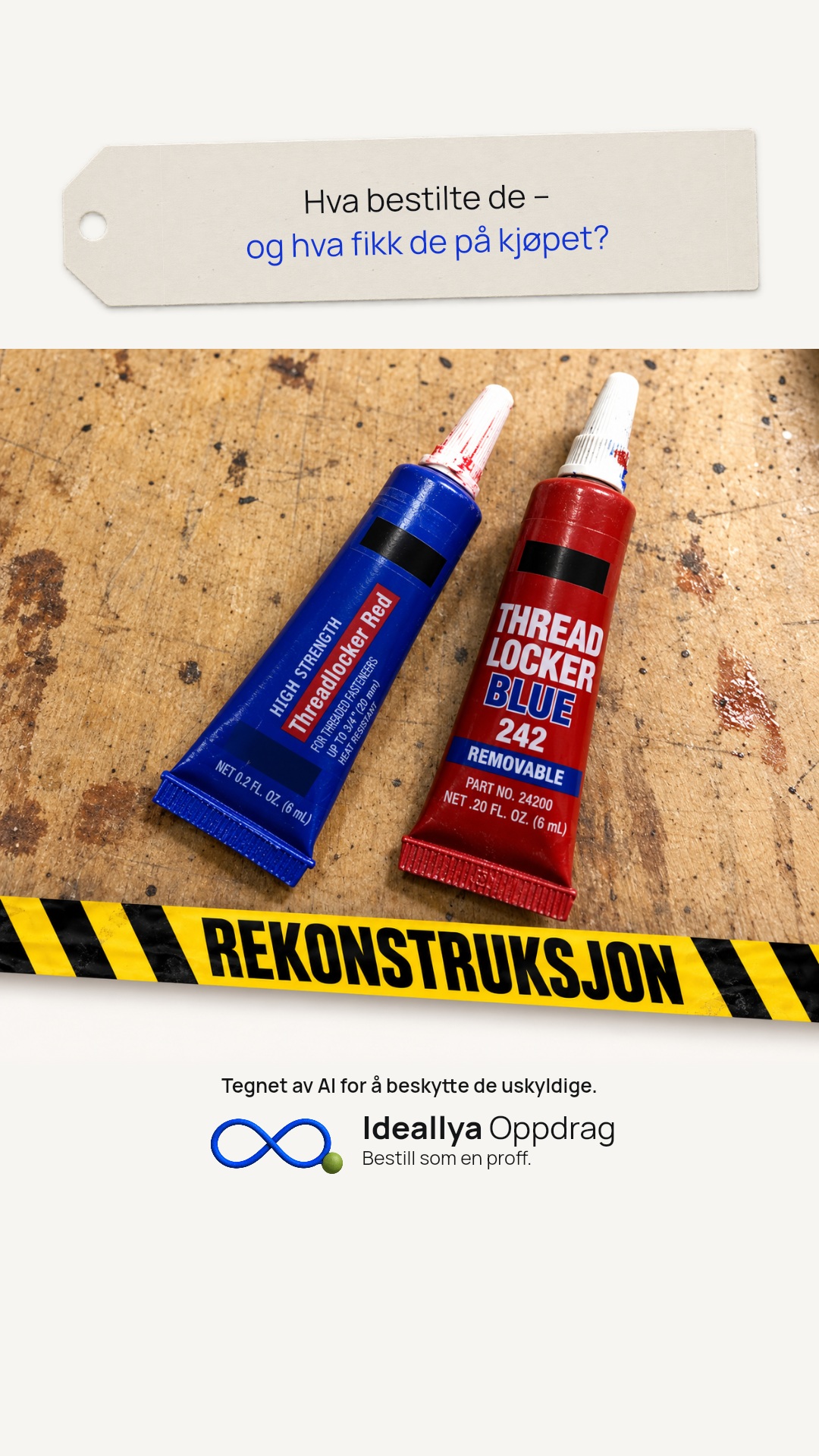 Delingsbilde med spørsmålslapp. Rød emballasje er merket BLUE, mens den andre varianten har motsatt fargekobling.