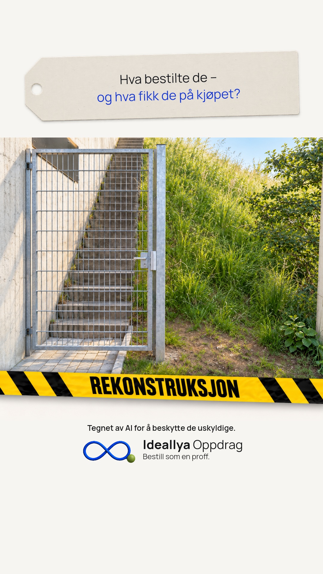 Delingsbilde med spørsmålslapp. En port sperrer trappen, men det er fri passasje ved siden av gjerdet.