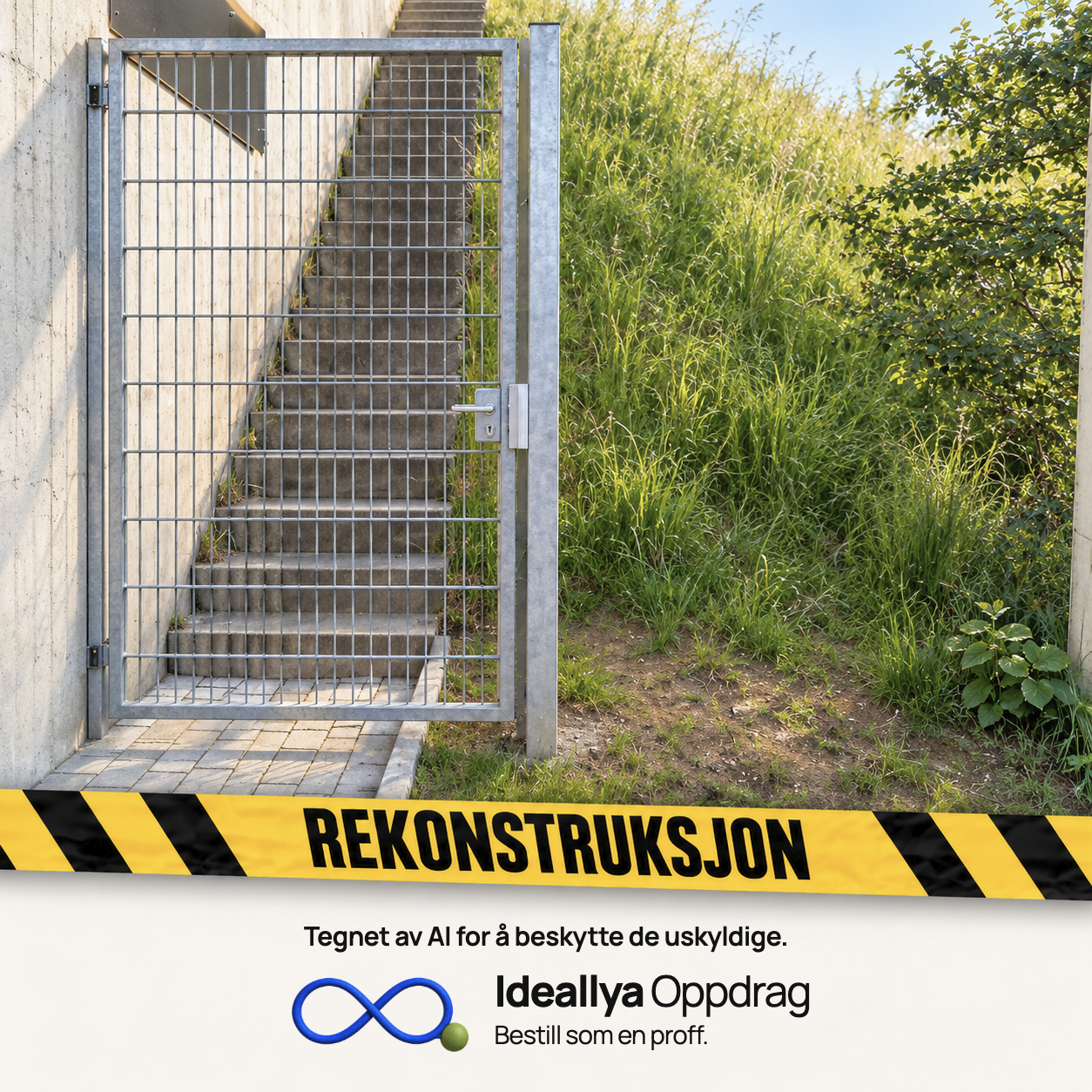 AI-rekonstruksjon: En port sperrer trappen, men det er fri passasje ved siden av gjerdet.
