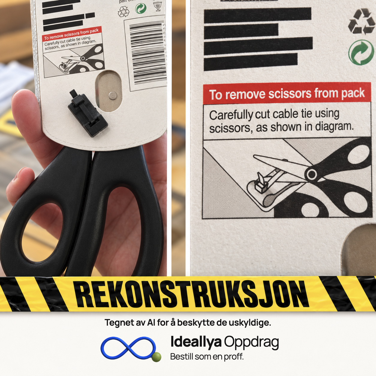 AI-rekonstruksjon: Saksen er festet med en strips, og tegningen viser at en saks trengs for å løsne den.