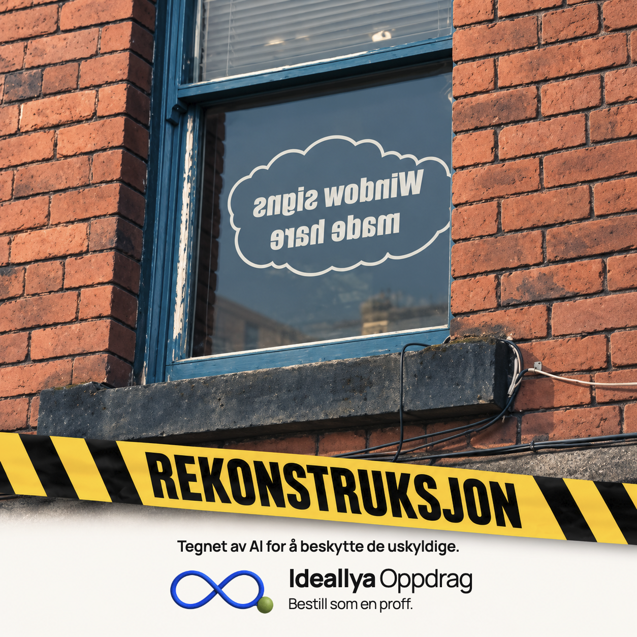 AI-rekonstruksjon: Hele vindusteksten er speilvendt sett fra gaten.