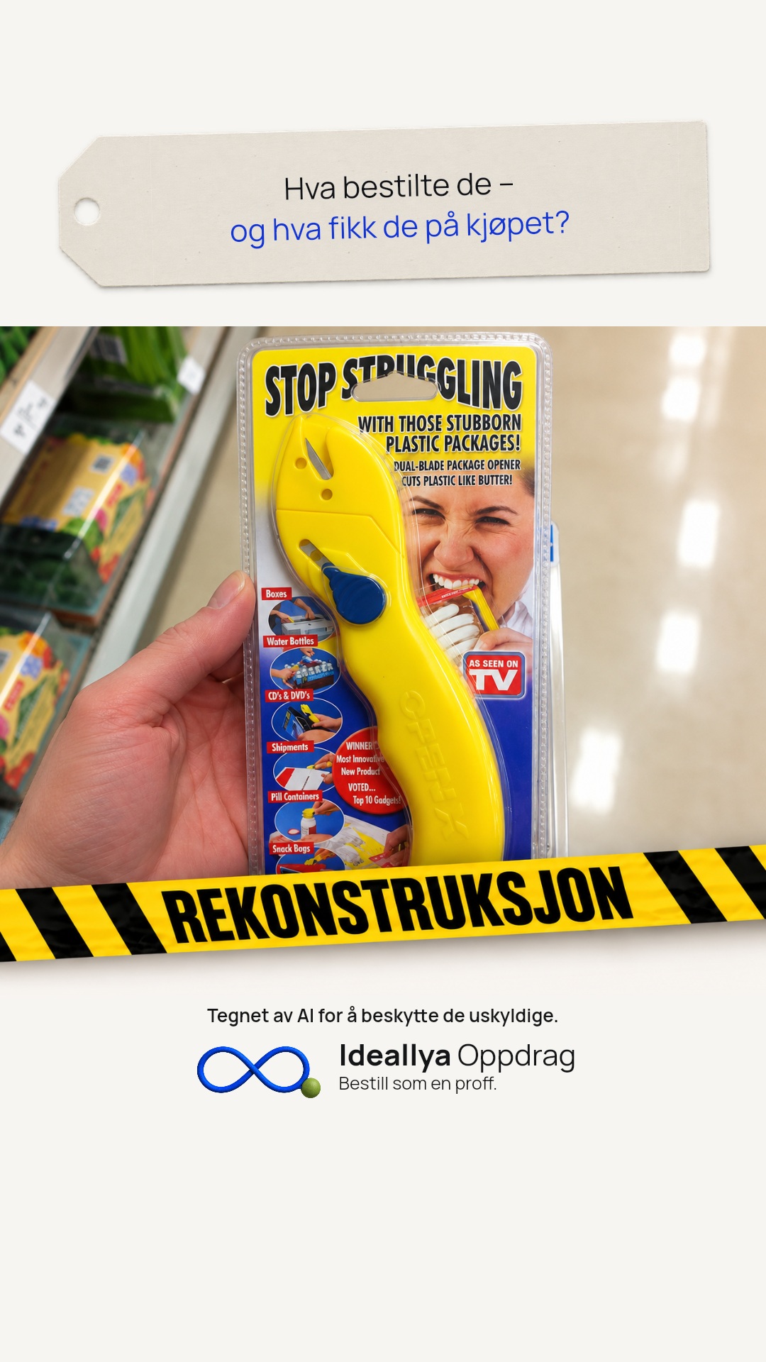 Delingsbilde med spørsmålslapp. Et verktøy for å åpne plastpakninger selges i en lukket plastpakning.