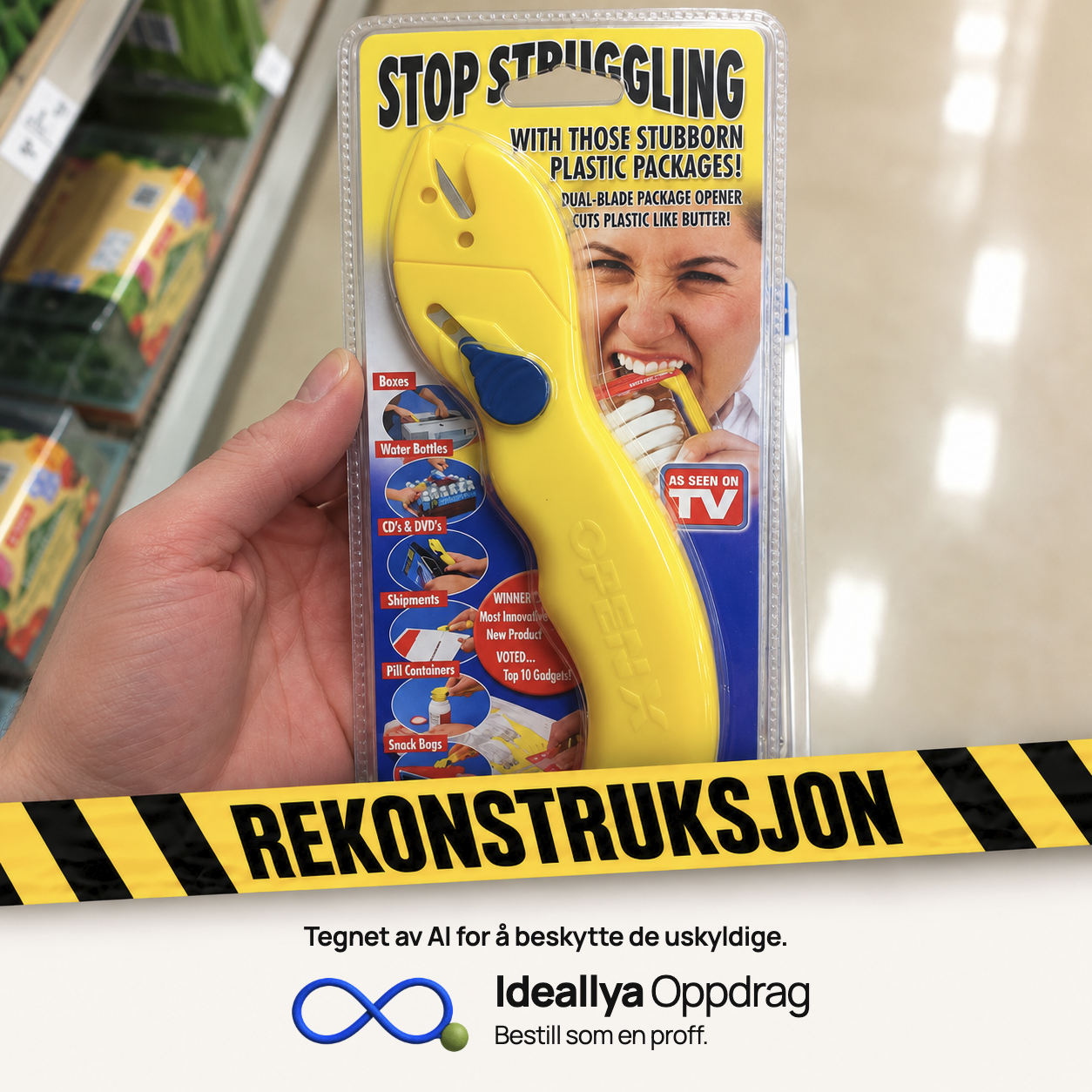 AI-rekonstruksjon: Et verktøy for å åpne plastpakninger selges i en lukket plastpakning.