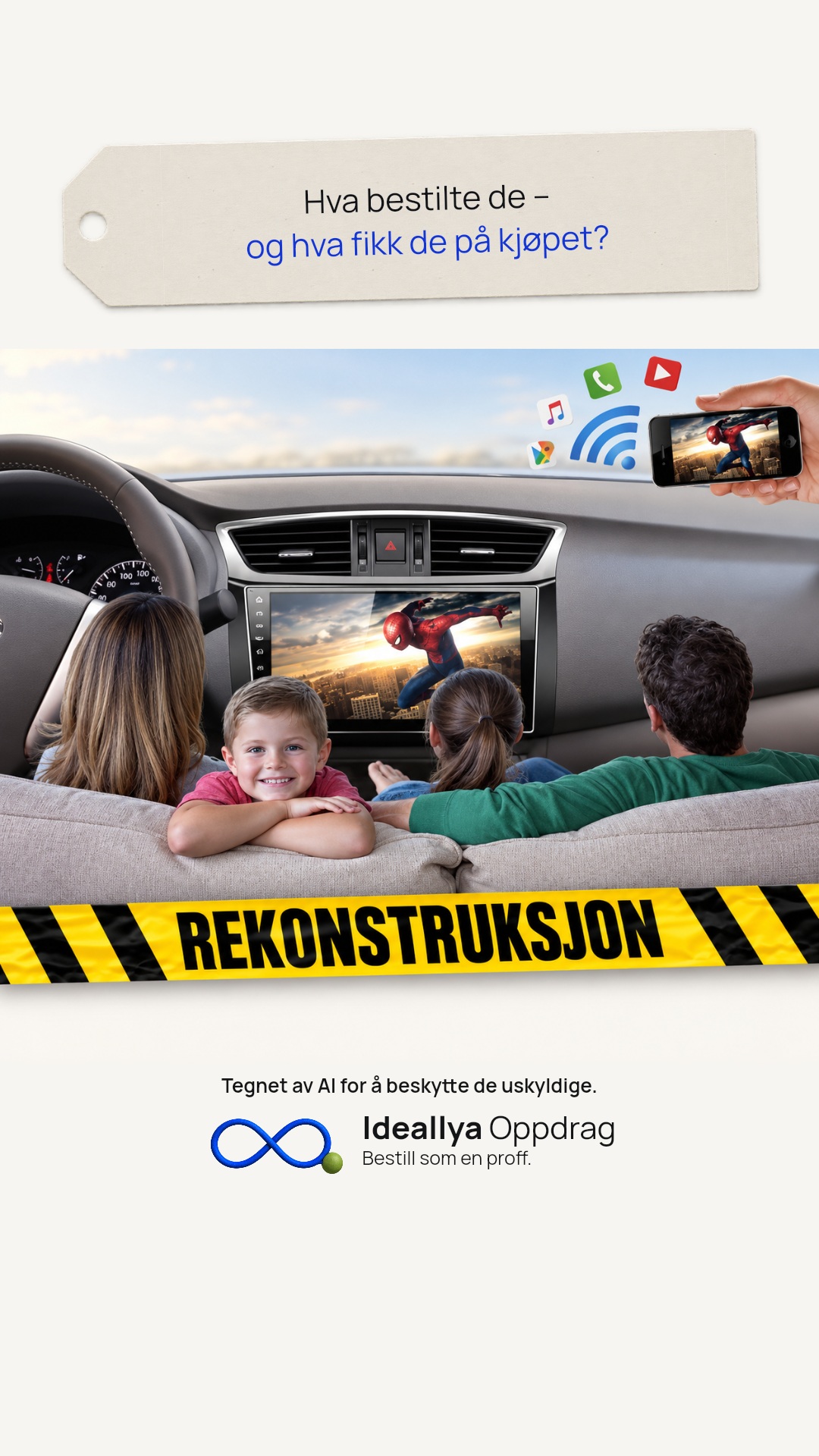 Delingsbilde med spørsmålslapp. Et reklamemotiv setter en sofa og familie inn i et bilinteriør med uforenlige størrelser og perspektiv.