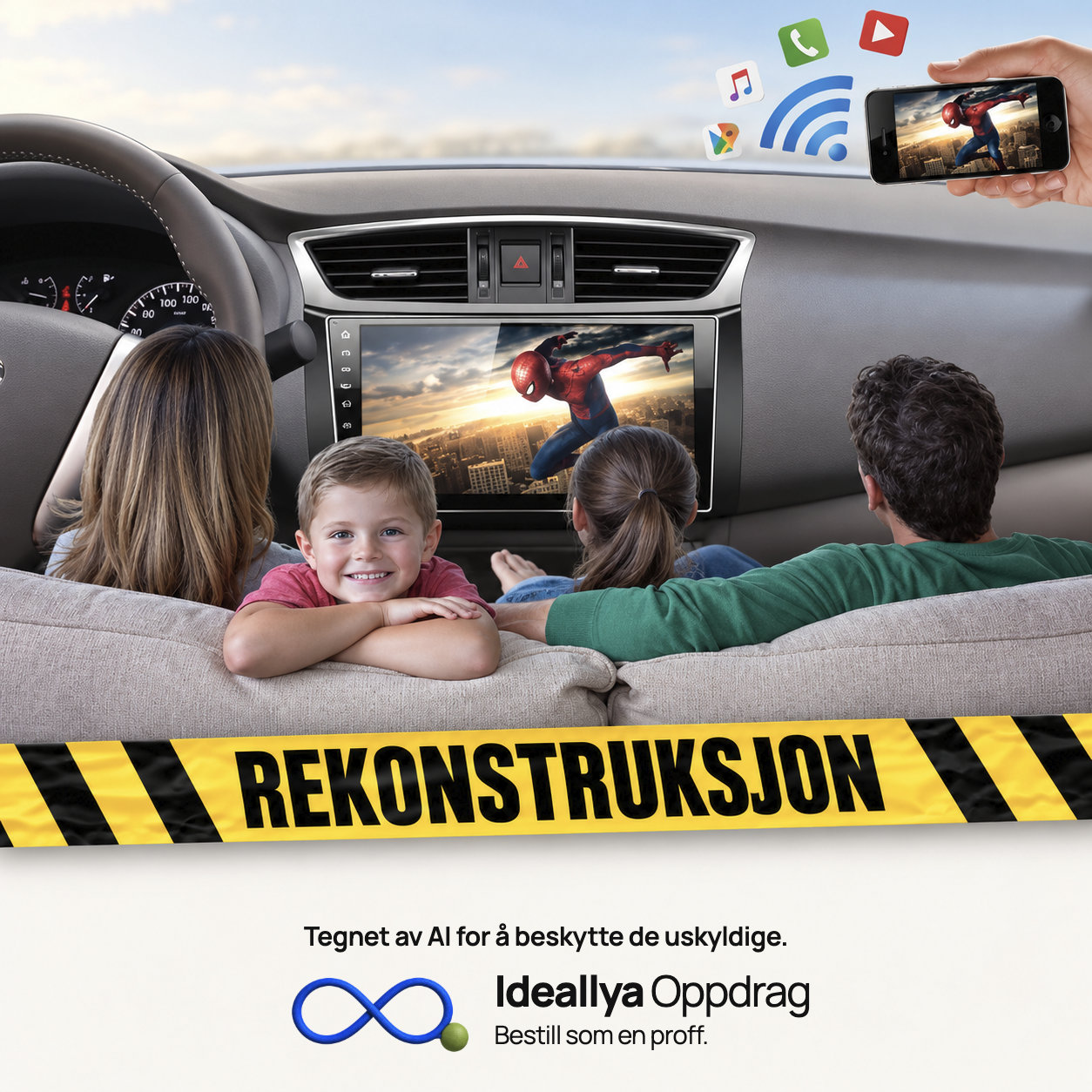 AI-rekonstruksjon: Et reklamemotiv setter en sofa og familie inn i et bilinteriør med uforenlige størrelser og perspektiv.