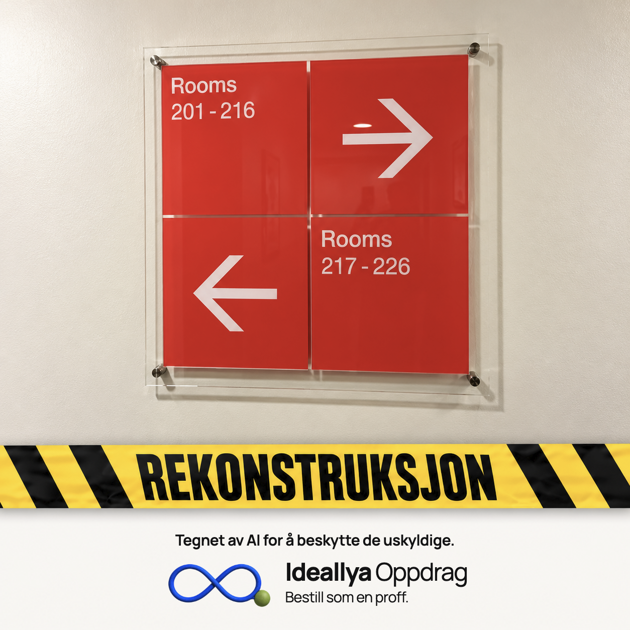 AI-rekonstruksjon: Romnummer og retningspiler er fordelt i et firefelts skilt.