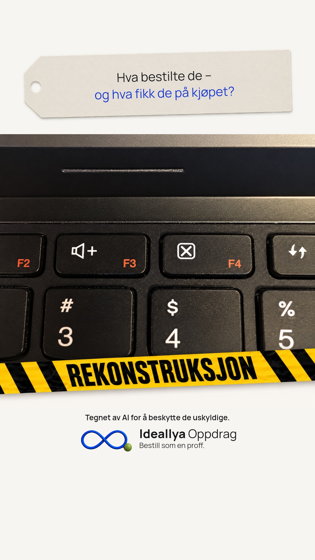 Delingsbilde med spørsmålslapp. Tastaturet har en funksjonstast med et kryss rett ved volum opp.
