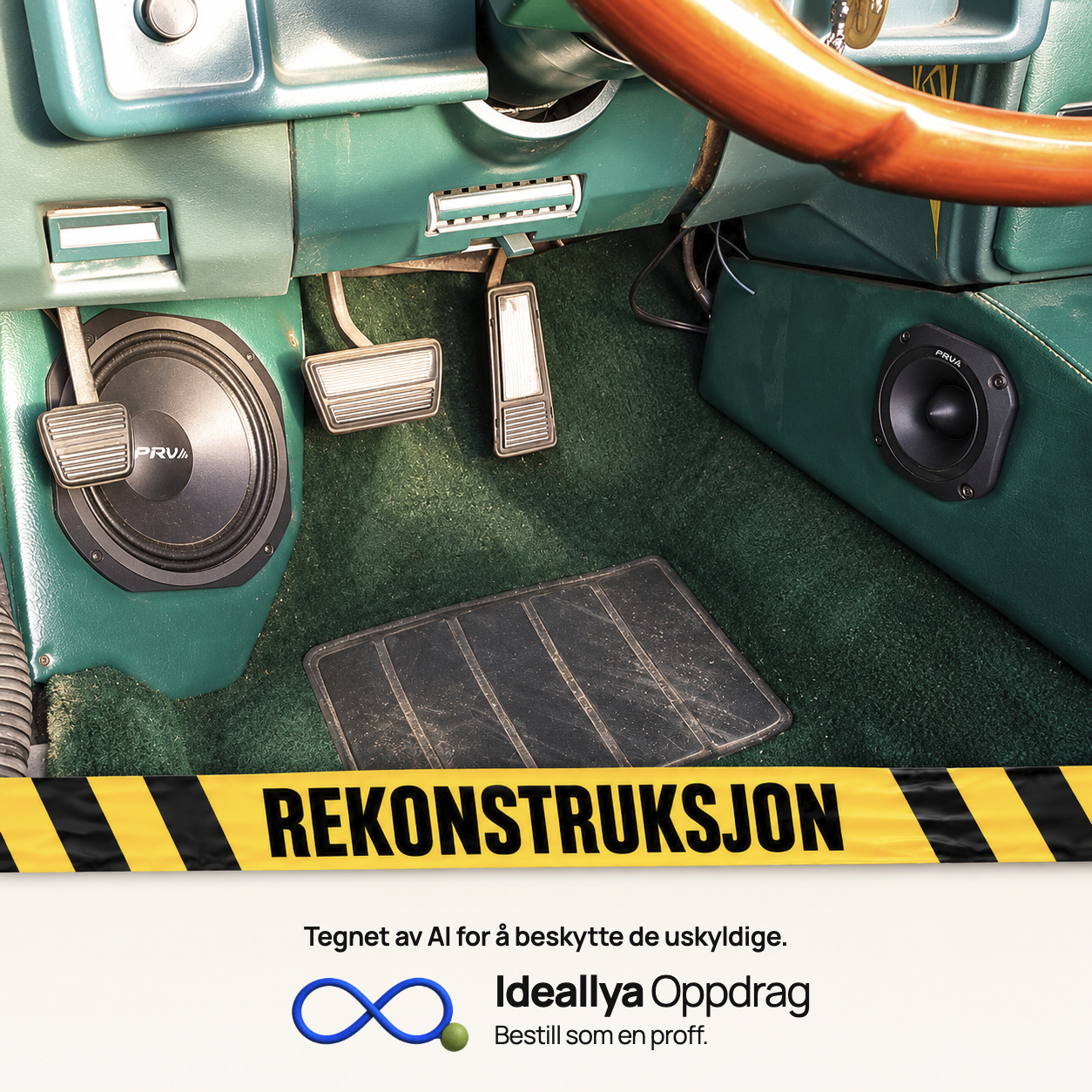 AI-rekonstruksjon: En høyttaler er montert i fotbrønnen rett bak en pedal.