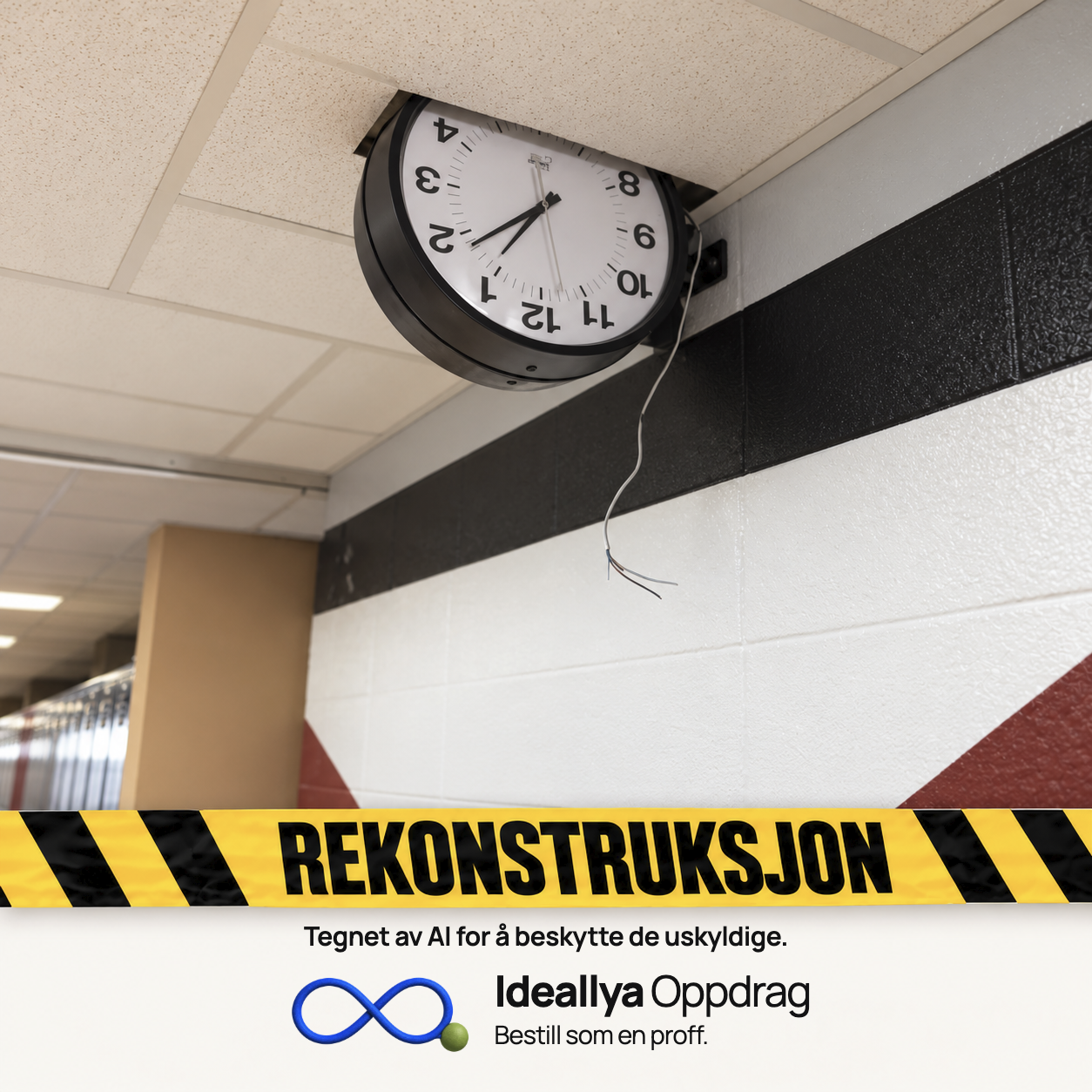 AI-rekonstruksjon: Klokken sitter opp ned og er delvis skjult av himlingen.