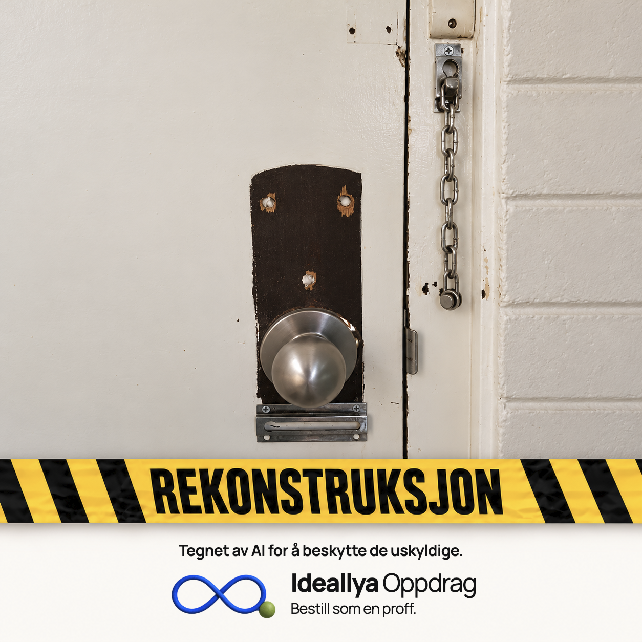 AI-rekonstruksjon: En kjede henger på karmen uten et synlig tilsvarende feste på døren.