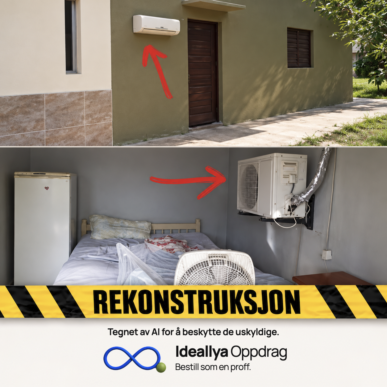 AI-rekonstruksjon: En bildekollasj viser en innedel på fasaden og en stor utedel i rommet.