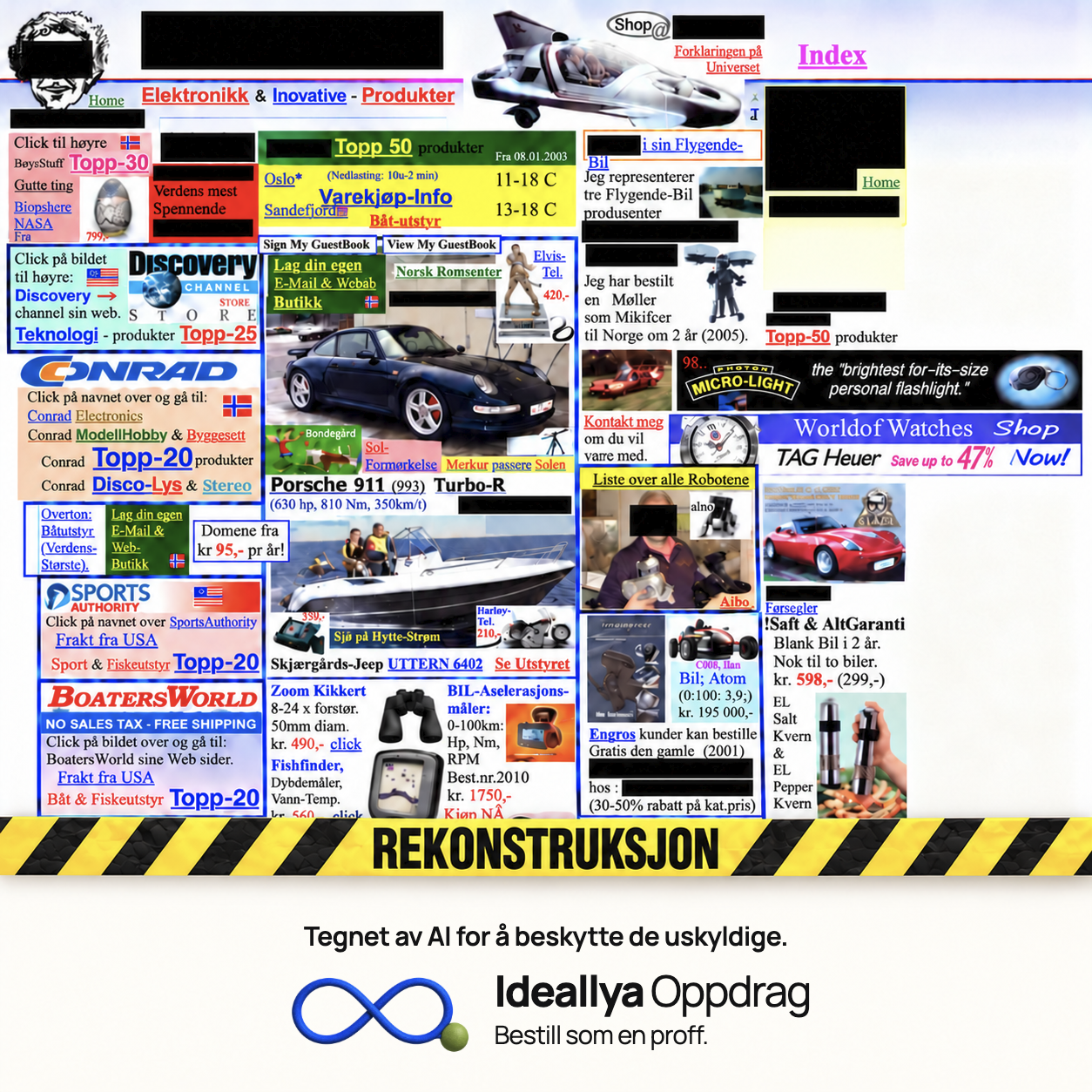 AI-rekonstruksjon: Arngren-skjermbildet fra 2003 viser en tett collage av produkter, lenker og ulike tekststiler.
