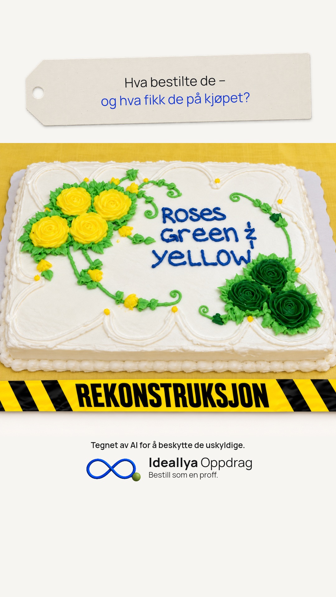 Delingsbilde med spørsmålslapp. Kaken har både grønne/gule roser og ordene «Roses green & yellow».