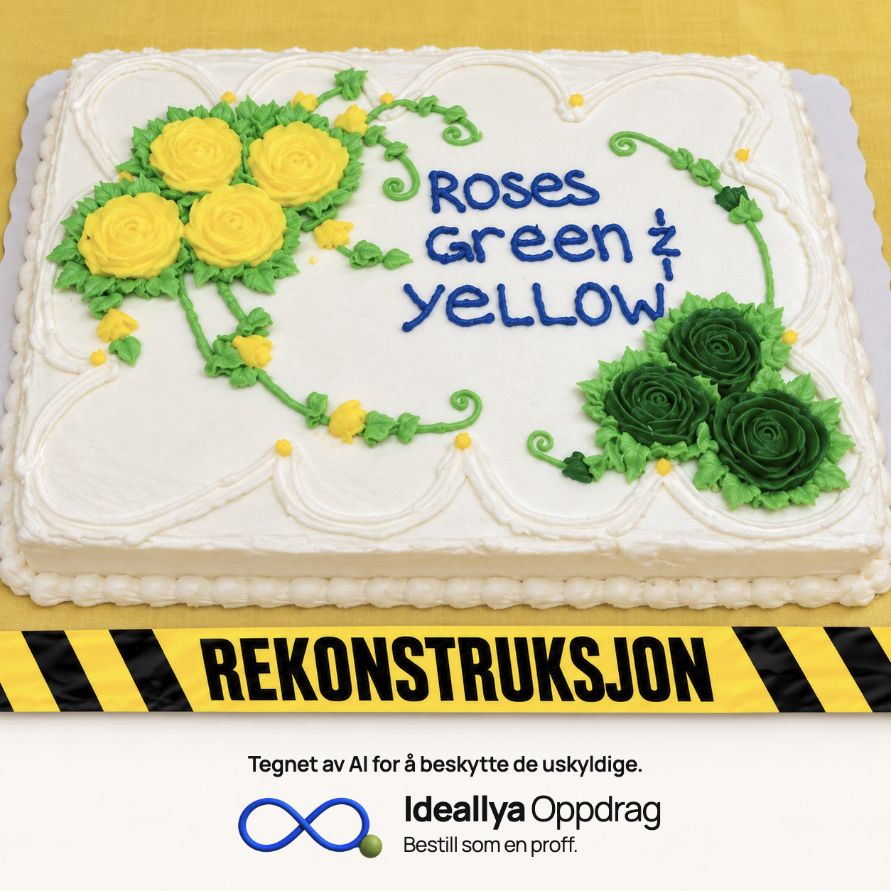 AI-rekonstruksjon: Kaken har både grønne/gule roser og ordene «Roses green & yellow».