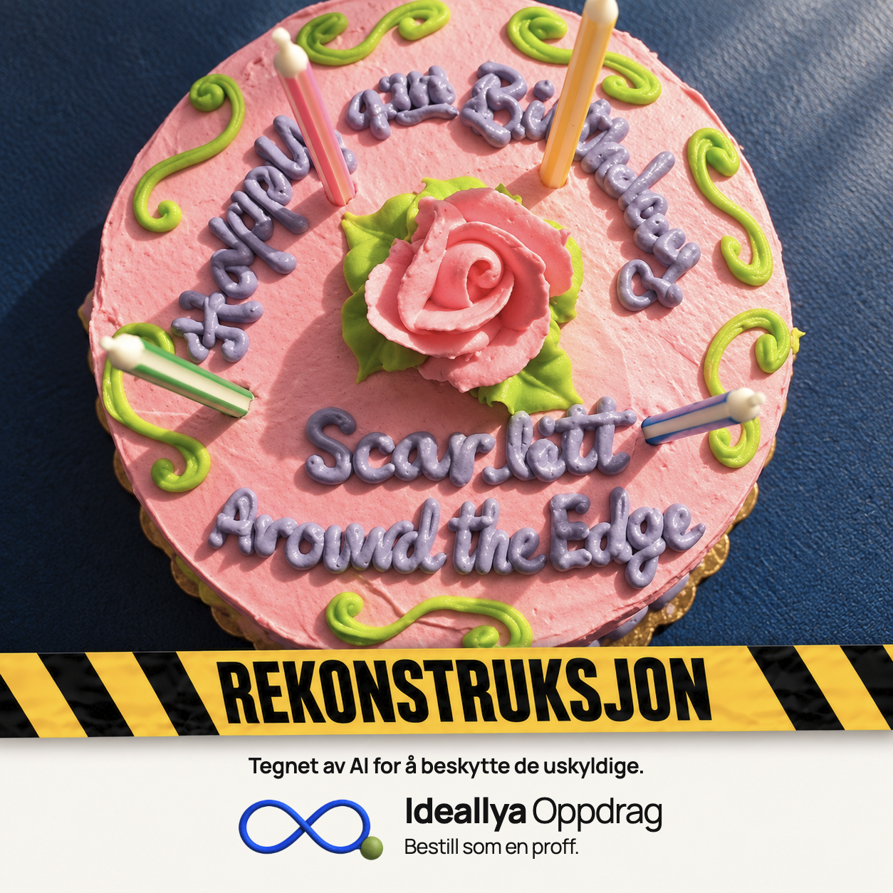 AI-rekonstruksjon: Kaken har ordene «Scarlett Around the Edge» skrevet i glasur.